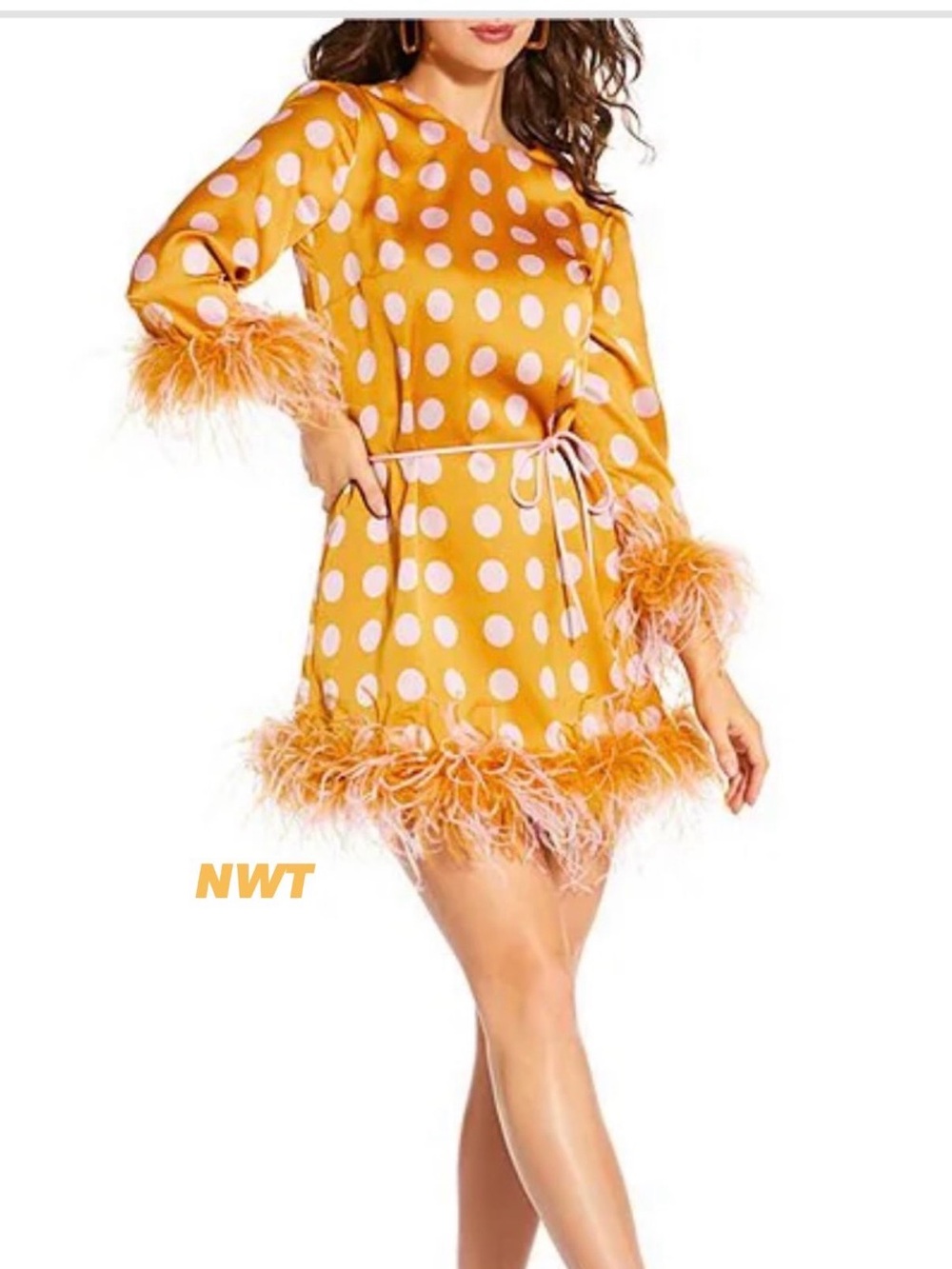 Polka Dot Feather-Trim Mini Dress in Mustard and Light Pink